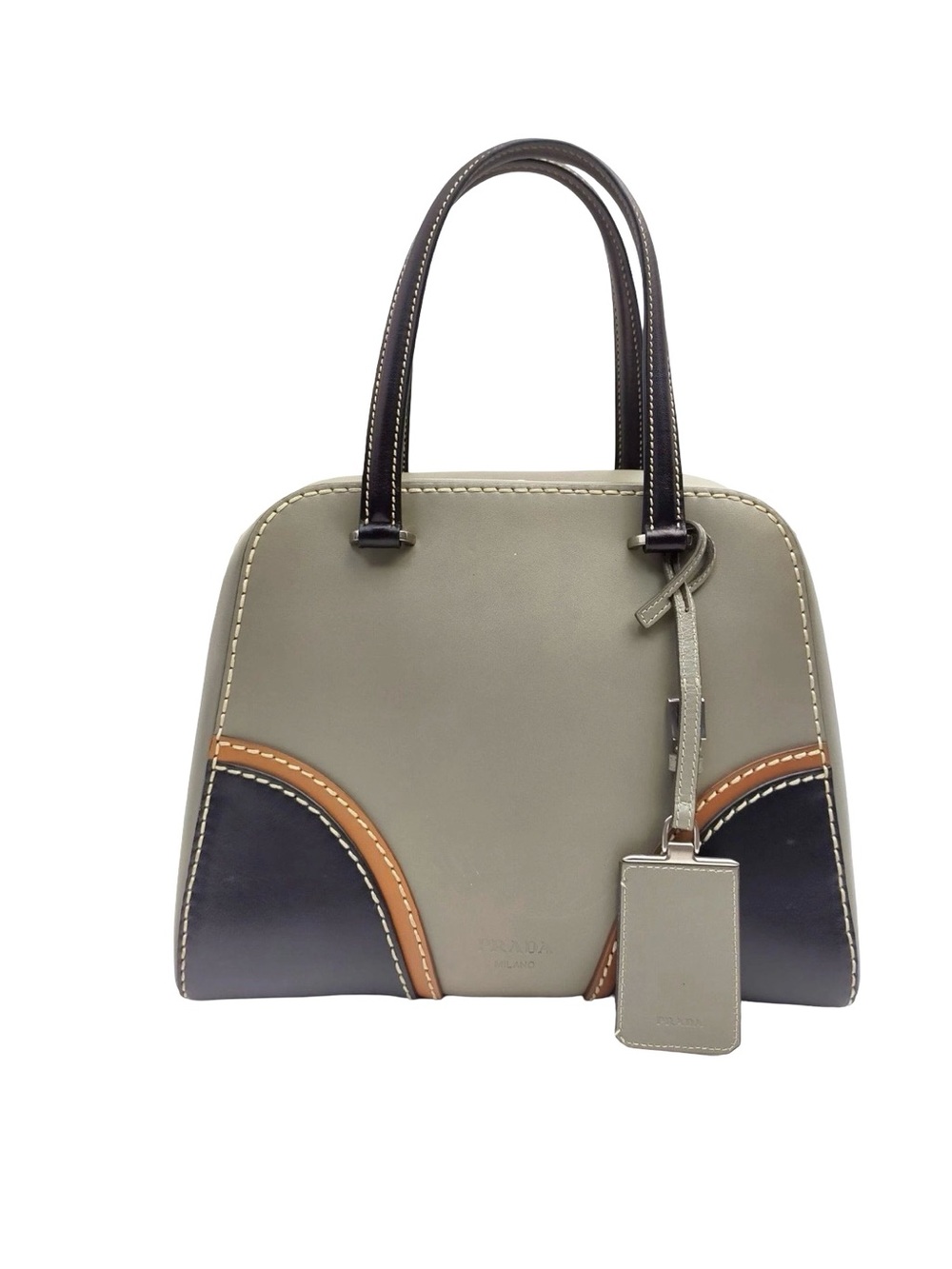 Prada Milano Gray Leather Satchel Bag Colorblock Navy Tan Top Handle Purse Italy